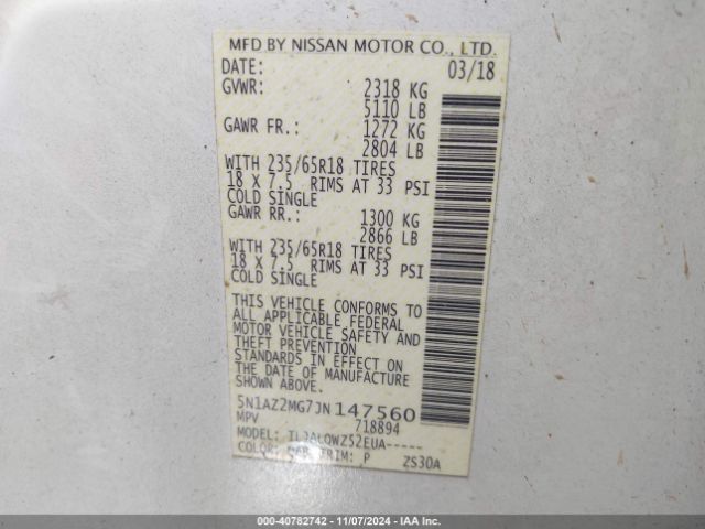 5N1AZ2MG7JN147560 Nissan MURANO SV