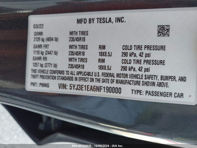 2022 TESLA MODEL 3 5YJ3E1EA6NF190000 Photo 8