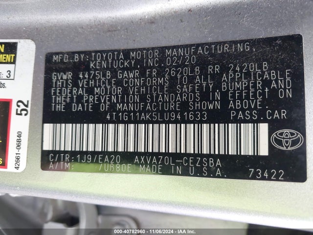 Toyota CAMRY SE 2020 4T1G11AK5LU941633 Image 9