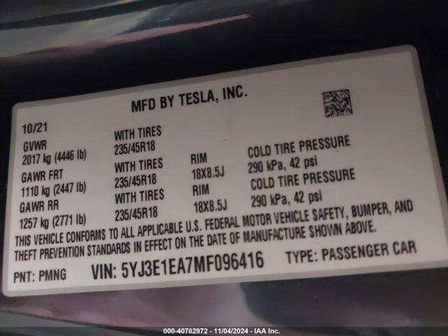 2021 TESLA MODEL 3 5YJ3E1EA7MF096416 Photo 8