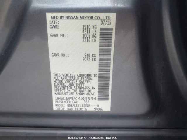 Nissan Altima 2.5 S 2015 1N4AL3AP9FC484594 Image 9