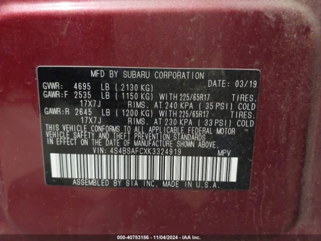 4S4BSAFCXK3324919 Subaru Outback 2.5i Premium