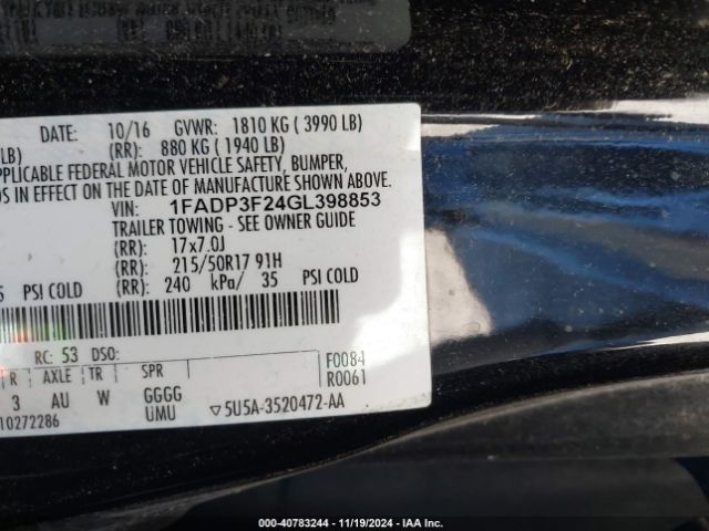 1FADP3F24GL398853 Ford FOCUS SE
