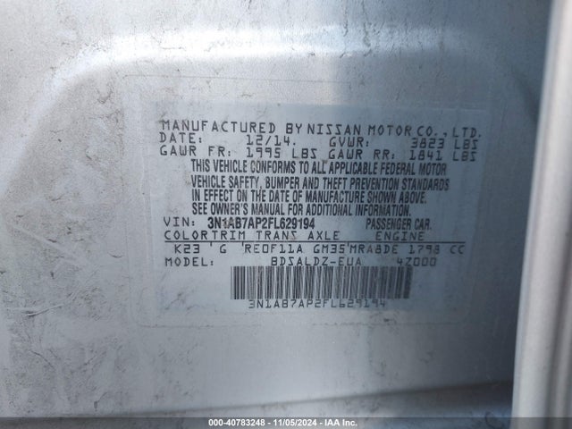 40783248 :رقم المزاد ، 3N1AB7AP2FL629194 vin ، 2015 Nissan Sentra Fe+ S/s/sl/sr/sv مزاد بيع