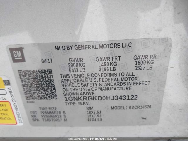 1GNKRGKD0HJ343122 Chevrolet Traverse 1lt