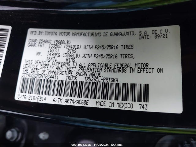 3TYAX5GN3NT034411 Toyota Tacoma Sr