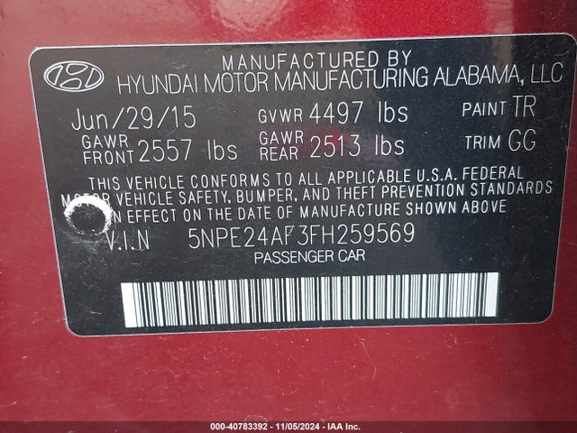 Hyundai SONATA SE 2015 5NPE24AF3FH259569 Image 9
