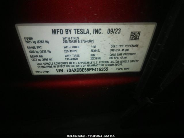 7SAXCBE55PF416355 Tesla Model X Dual Motor All-wheel Drive/standard Range