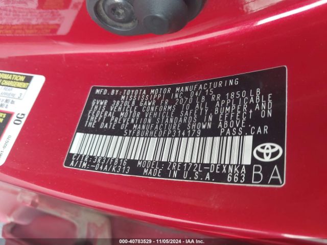 5YFBURHE0FP314179 Toyota Corolla L/le/le Pls/prm/s/s Pls