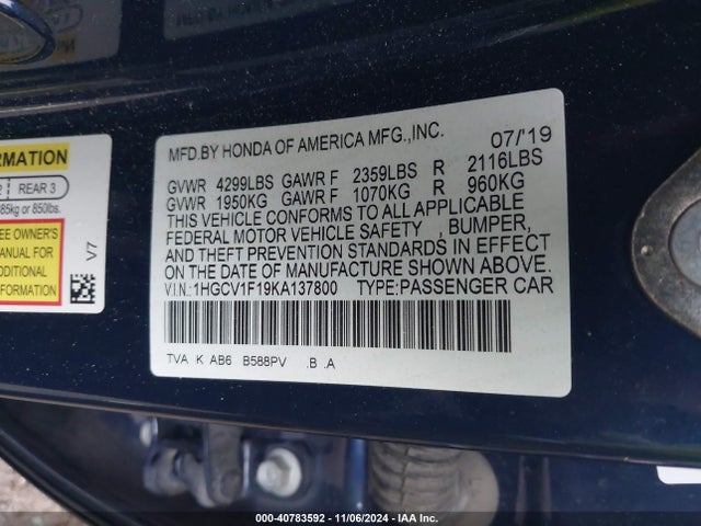 Honda ACCORD LX 2019 1HGCV1F19KA137800 Image 9