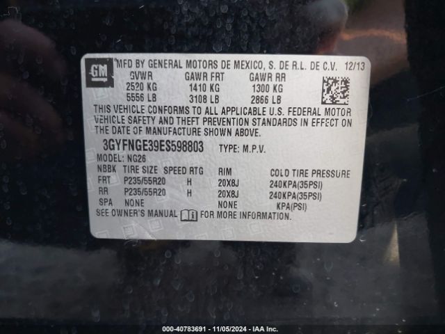 3GYFNGE39ES598803 Cadillac Srx Premium Collection