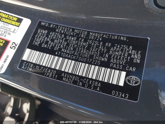 4T1DAACK7SU017225 Toyota CAMRY SE