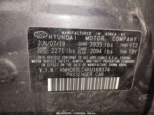 KMHC65LC4KU168374 Hyundai Ioniq Hybrid Blue