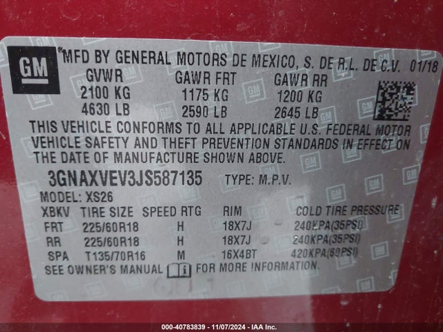 3GNAXVEV3JS587135 Chevrolet Equinox Premier