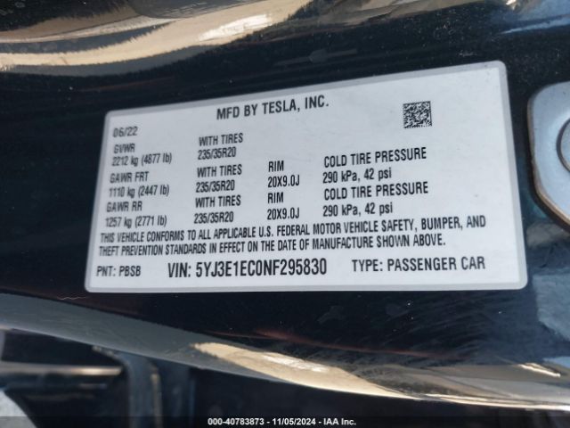 5YJ3E1EC0NF295830 Tesla Model 3 Performance Dual Motor All-wheel Drive