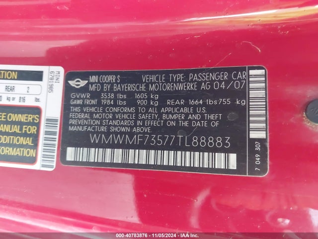2007 MINI COOPER S WMWMF73577TL88883 Photo 8