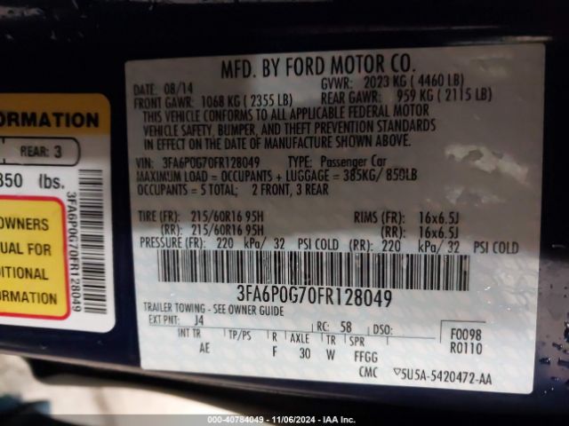 3FA6P0G70FR128049 Ford FUSION S
