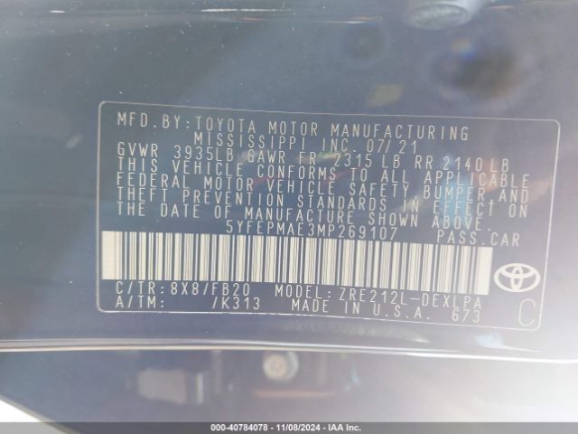 5YFEPMAE3MP269107 Toyota COROLLA LE