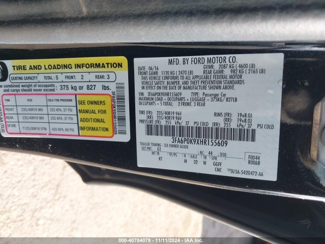 Ford Fusion Titanium 2017 3FA6P0K9XHR155609 Image 9