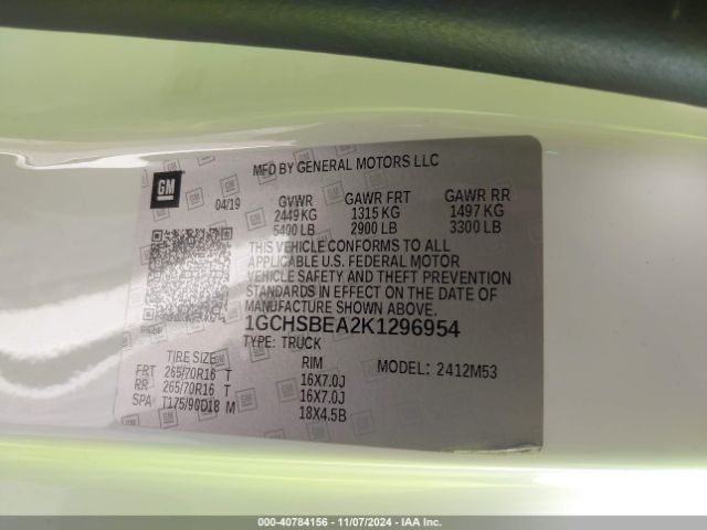 1GCHSBEA2K1296954 Chevrolet Colorado Wt