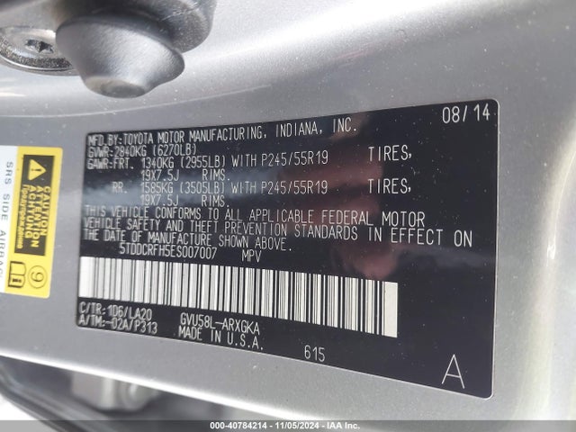 5TDDCRFH5ES007007 Toyota Highlander Hybrid Limited Platinum V6