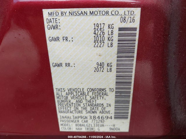 Nissan Altima 2.5 S 2016 1N4AL3AP9GN384694 Image 9