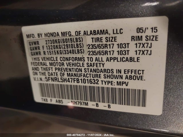 Honda ODYSSEY EX 2015 5FNRL5H47FB101632 Image 9