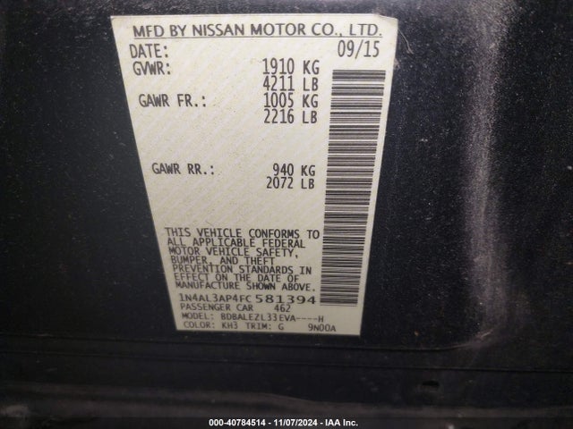 Nissan Altima 2.5 S 2015 1N4AL3AP4FC581394 Image 9