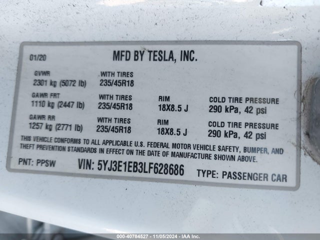 2020 TESLA MODEL 3 5YJ3E1EB3LF628686 Photo 8