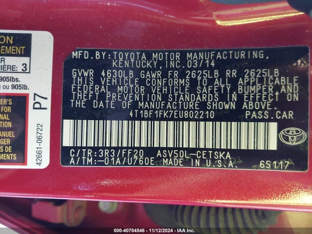 Toyota CAMRY SE 2014 4T1BF1FK7EU802210 Image 9