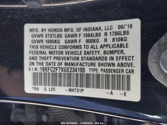 Honda CIVIC EX 2016 19XFC2F7XGE234195 Image 9