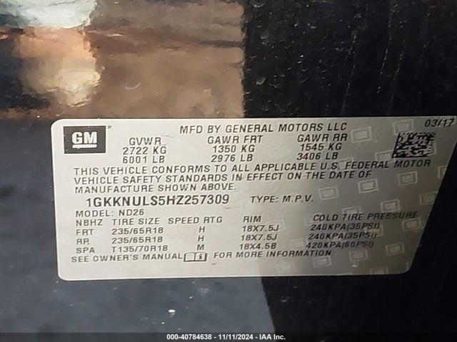 GMC Acadia Slt-1 2017 1GKKNULS5HZ257309 Image 9