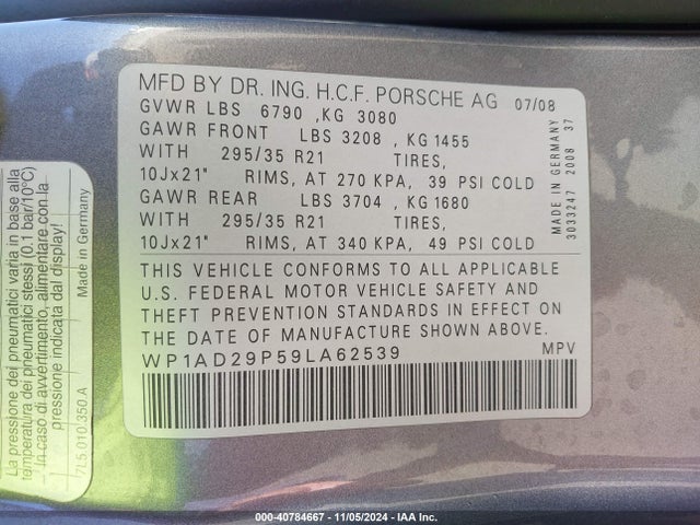 2009 PORSCHE CAYENNE WP1AD29P59LA62539 Photo 8