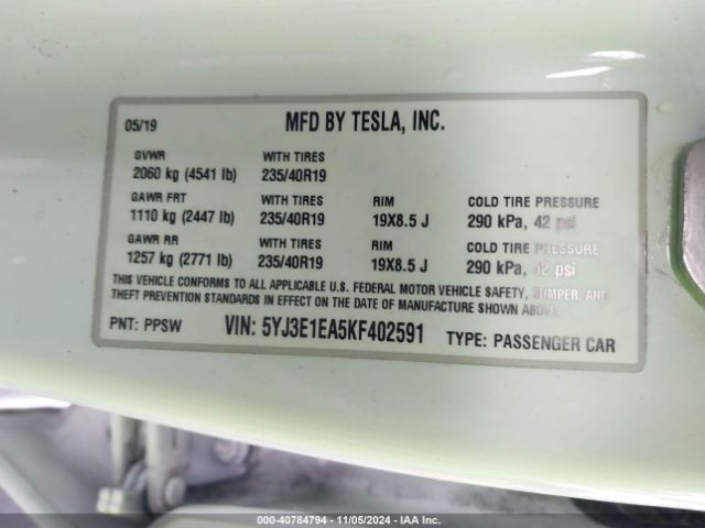 5YJ3E1EA5KF402591 Tesla Model 3 Long Range/mid Range/standard Range/standard Range Plus