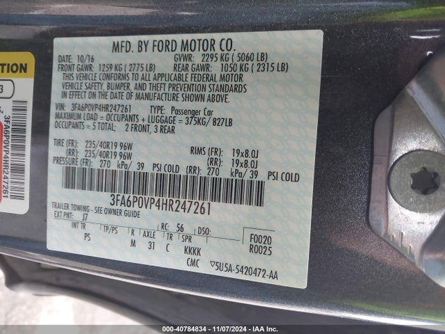3FA6P0VP4HR247261 Ford Fusion Sport