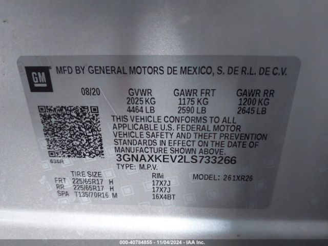 3GNAXKEV2LS733266 Chevrolet Equinox Fwd Lt 1.5l Turbo