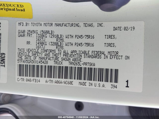 5TFAX5GN3KX145428 Toyota Tacoma Sr