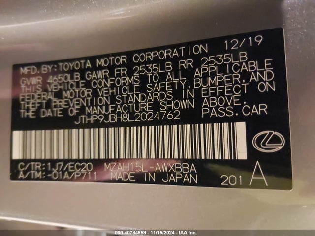 JTHP9JBH8L2024762 Lexus UX 250H