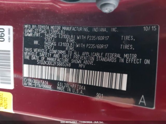 5TDZK3DC2FS665348 Toyota Sienna L 7 Passenger