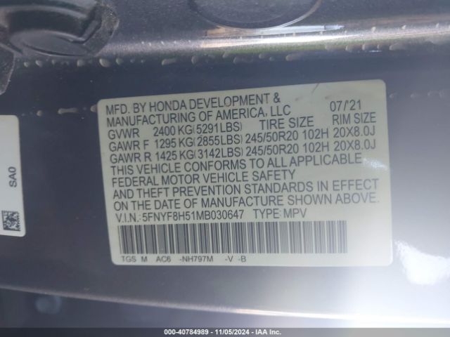 5FNYF8H51MB030647 Honda Passport Awd Ex-l