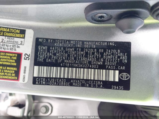 4T1B11HK5KU274903 Toyota CAMRY SE