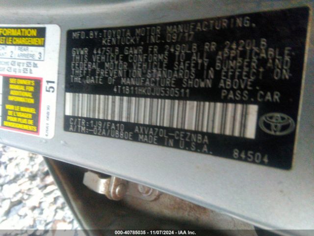 4T1B11HK0JU530511 Toyota CAMRY LE
