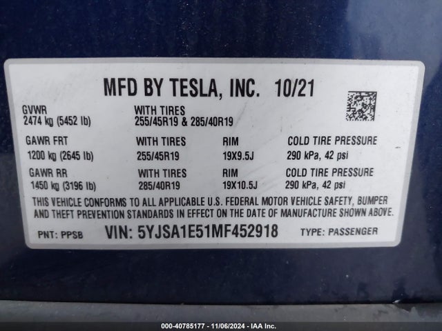 2021 TESLA MODEL S 5YJSA1E51MF452918 Photo 8