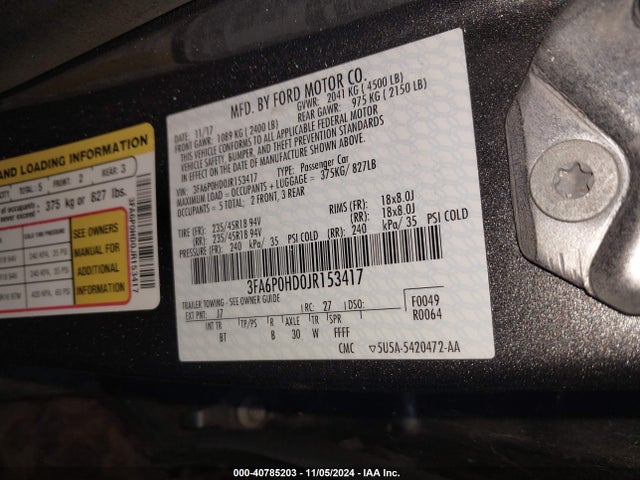 Ford FUSION SE 2018 3FA6P0HD0JR153417 Image 9