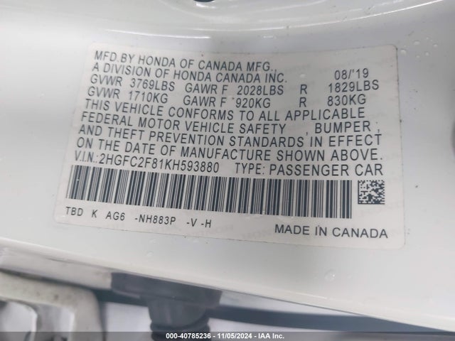 Honda Civic Sport 2019 2HGFC2F81KH593880 Image 9