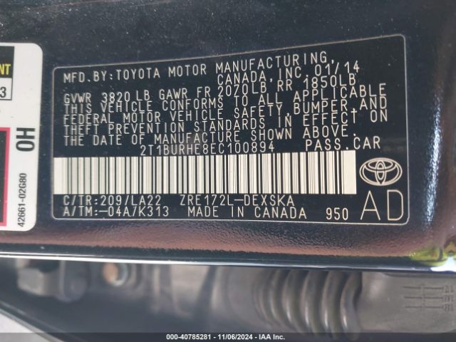 2T1BURHE8EC100894 Toyota Corolla L/le/le Pls/prm/s/s Pls