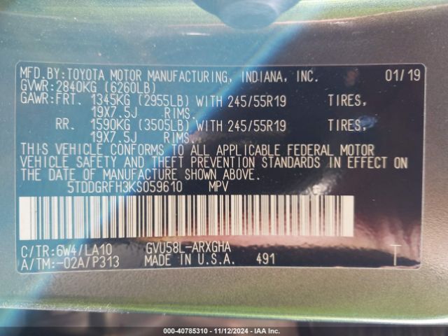 5TDDGRFH3KS059610 Toyota Highlander Hybrid Limited Platinum