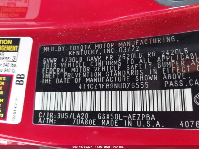 4T1CZ1FB9NU076555 Toyota AVALON LIMITED