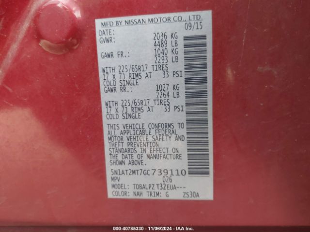 5N1AT2MT7GC739110 Nissan Rogue S/sl/sv