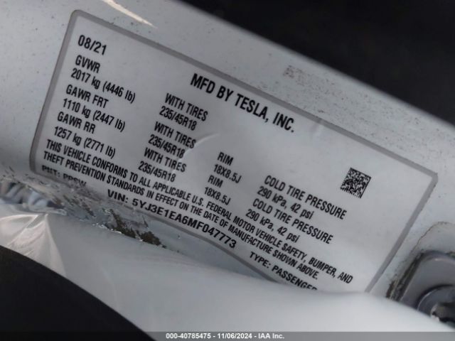 5YJ3E1EA6MF047773 Tesla Model 3 Standard Range Plus Rear-wheel Drive